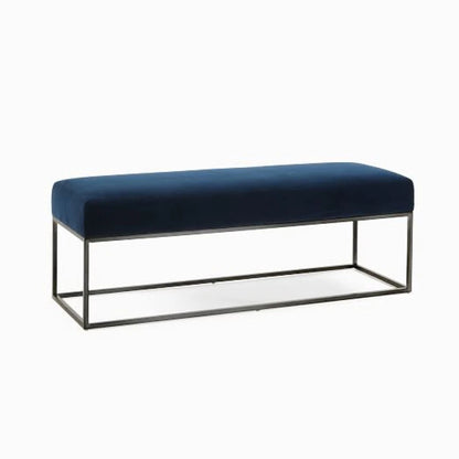 Sleek Dark Blue Velvet Ottoman Bench with Metal Frame | P162