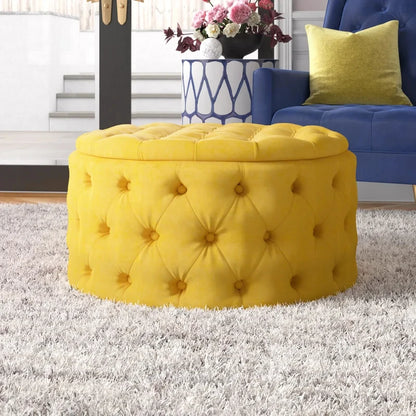 Yellow Velvet Tufted Round Storage Ottoman – Bold Accent Piece by Musa Furniture | P175