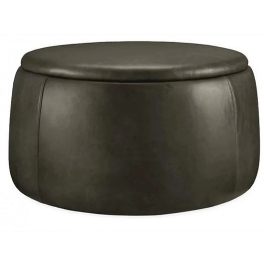 Black Faux Leather Round Storage Ottoman – Multi-Functional | P173