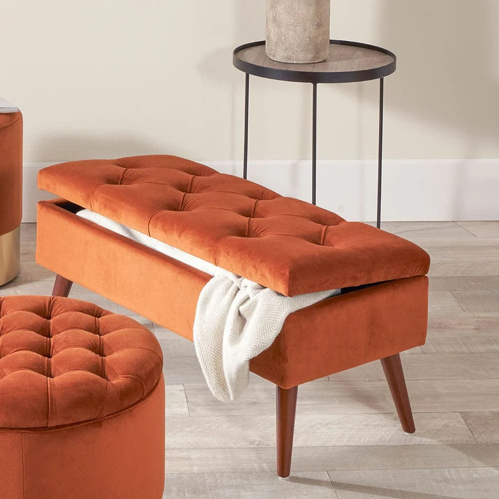 Orange Velvet Tufted Storage Ottoman Bench – Compact Luxury by Musa Furniture | P179