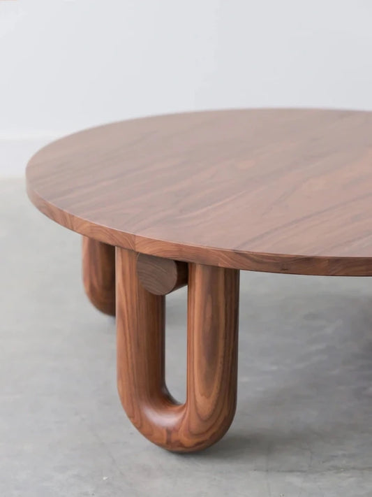 Round Walnut Brown Coffee Table – Wooden U-Leg Base | P222