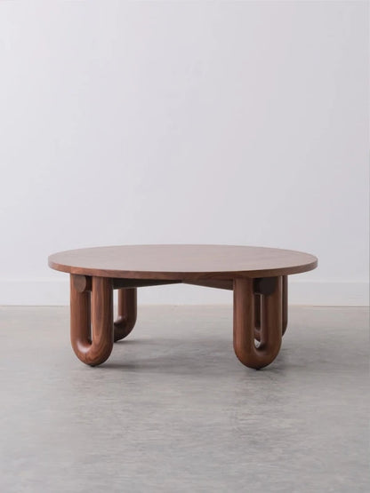 Round Walnut Brown Coffee Table – Wooden U-Leg Base | P222