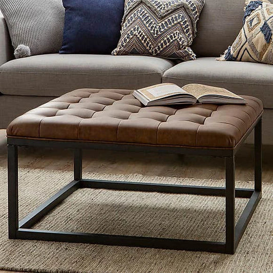 JABAR Tufted Faux Leather Ottoman – Modern Brown Footstool | P167