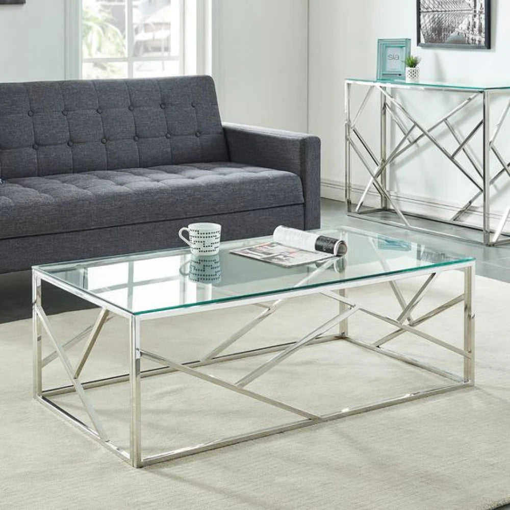 Glass Top Coffee Table – Silver Geometric Stainless Steel Base | P219
