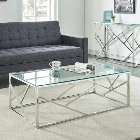 Glass Top Coffee Table – Silver Geometric Stainless Steel Base | P219