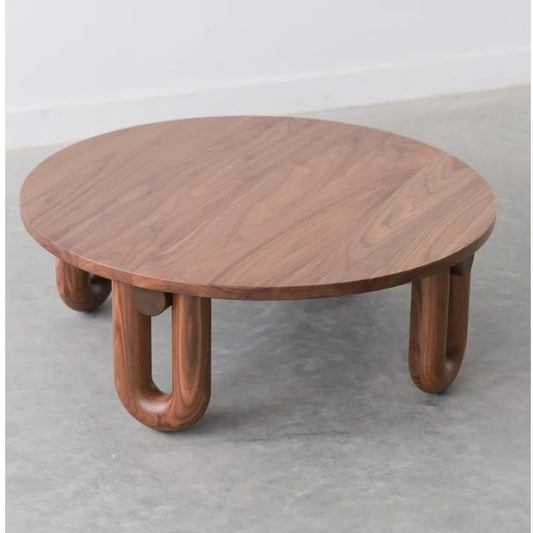 Round Walnut Brown Coffee Table – Wooden U-Leg Base | P222