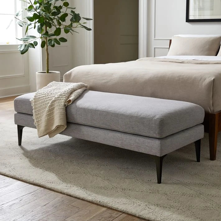 Classic Grey Jute Upholstered Ottoman Bench with Wooden Legs | P163