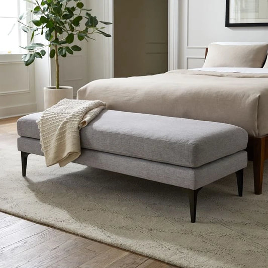Classic Grey Jute Upholstered Ottoman Bench with Wooden Legs | P163