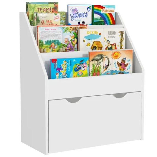 Kids 3-Tier White Book & Toy Storage Cabinet with Drawer | P235