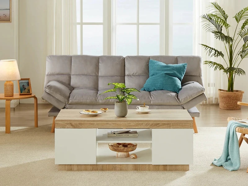 Modern Storage Coffee Table – Oak Brown & White Finish with Cabinets & Shelves | P224