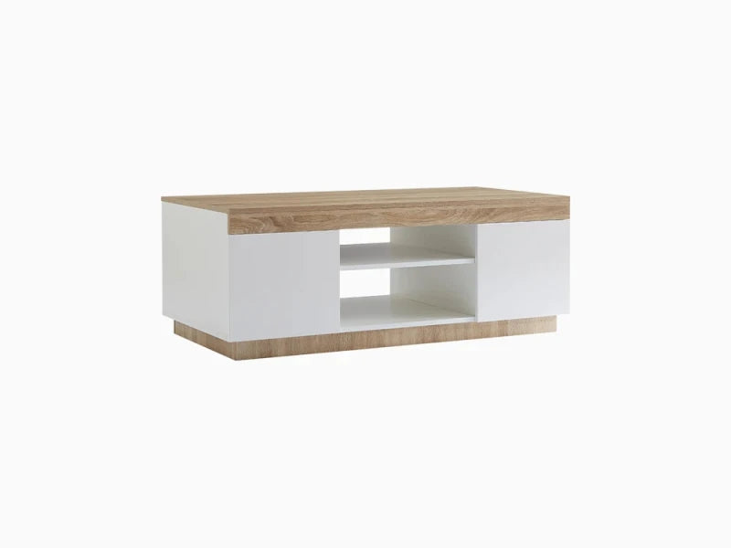 Modern Storage Coffee Table – Oak Brown & White Finish with Cabinets & Shelves | P224