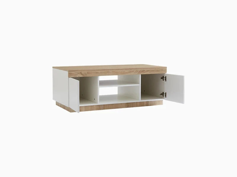 Modern Storage Coffee Table – Oak Brown & White Finish with Cabinets & Shelves | P224