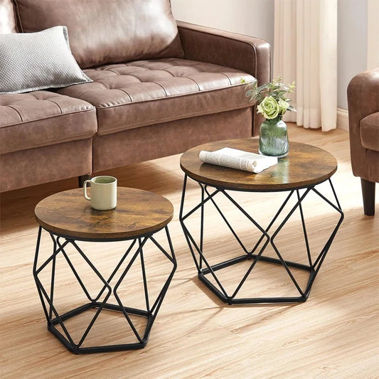 NESTRA – Set of 2 Round Coffee Tables with Black Geometric Metal Base & Rustic Tops | P200