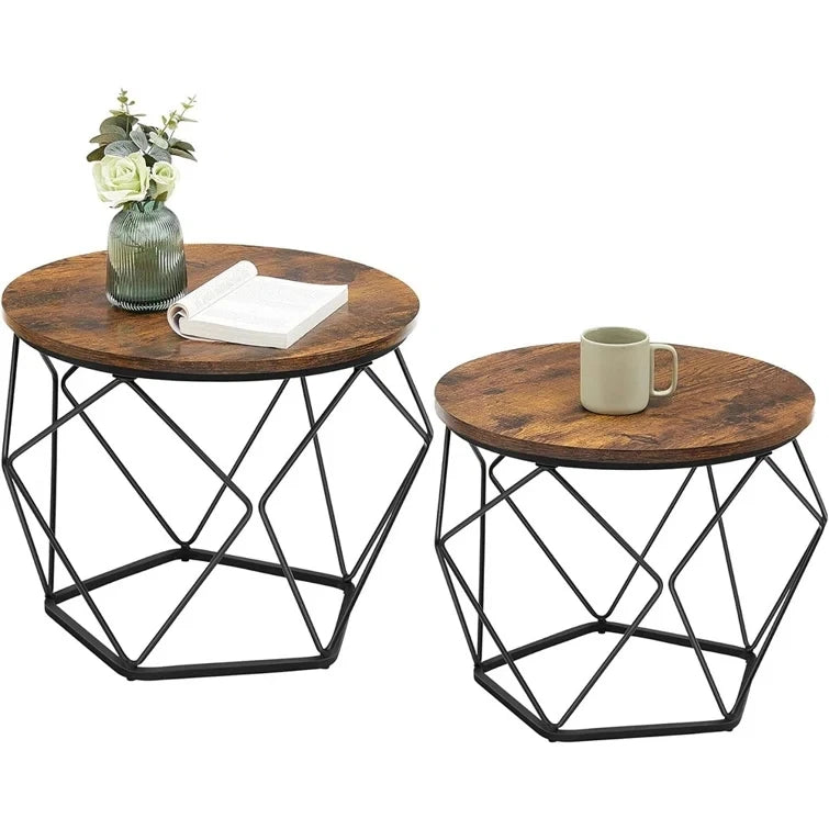 NESTRA – Set of 2 Round Coffee Tables with Black Geometric Metal Base & Rustic Tops | P200