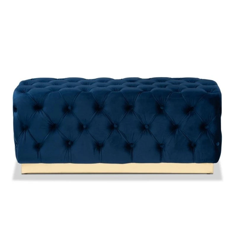 Navy Blue Velvet Tufted Ottoman with Golden Base – Luxe Accent by Musa Furniture | P180