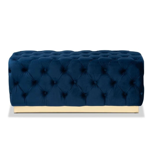 Navy Blue Velvet Tufted Ottoman with Golden Base – Luxe Accent by Musa Furniture | P180