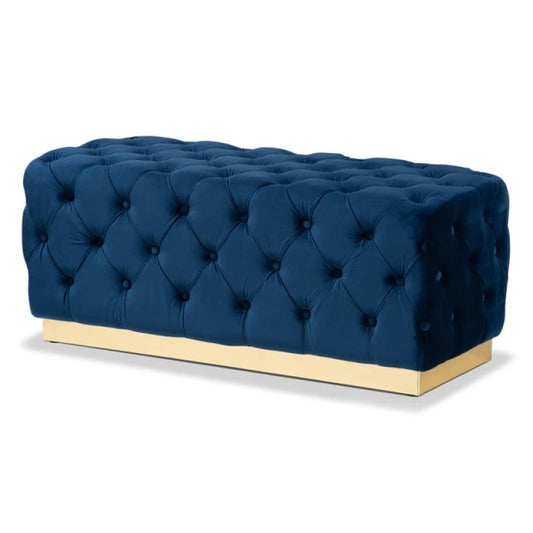Navy Blue Velvet Tufted Ottoman with Golden Base – Luxe Accent by Musa Furniture | P180
