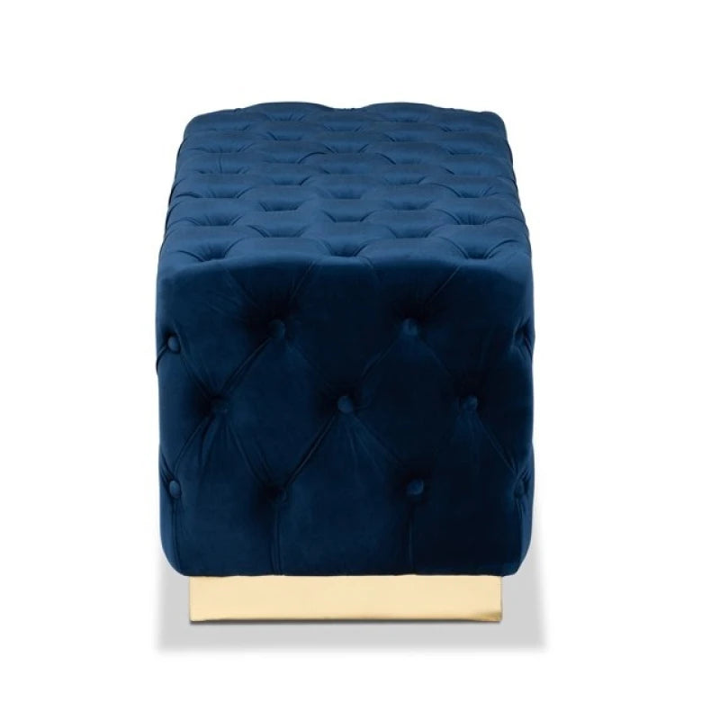 Navy Blue Velvet Tufted Ottoman with Golden Base – Luxe Accent by Musa Furniture | P180