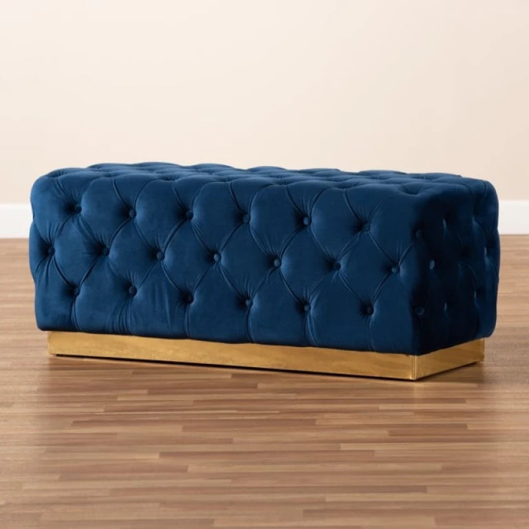 Navy Blue Velvet Tufted Ottoman with Golden Base – Luxe Accent by Musa Furniture | P180
