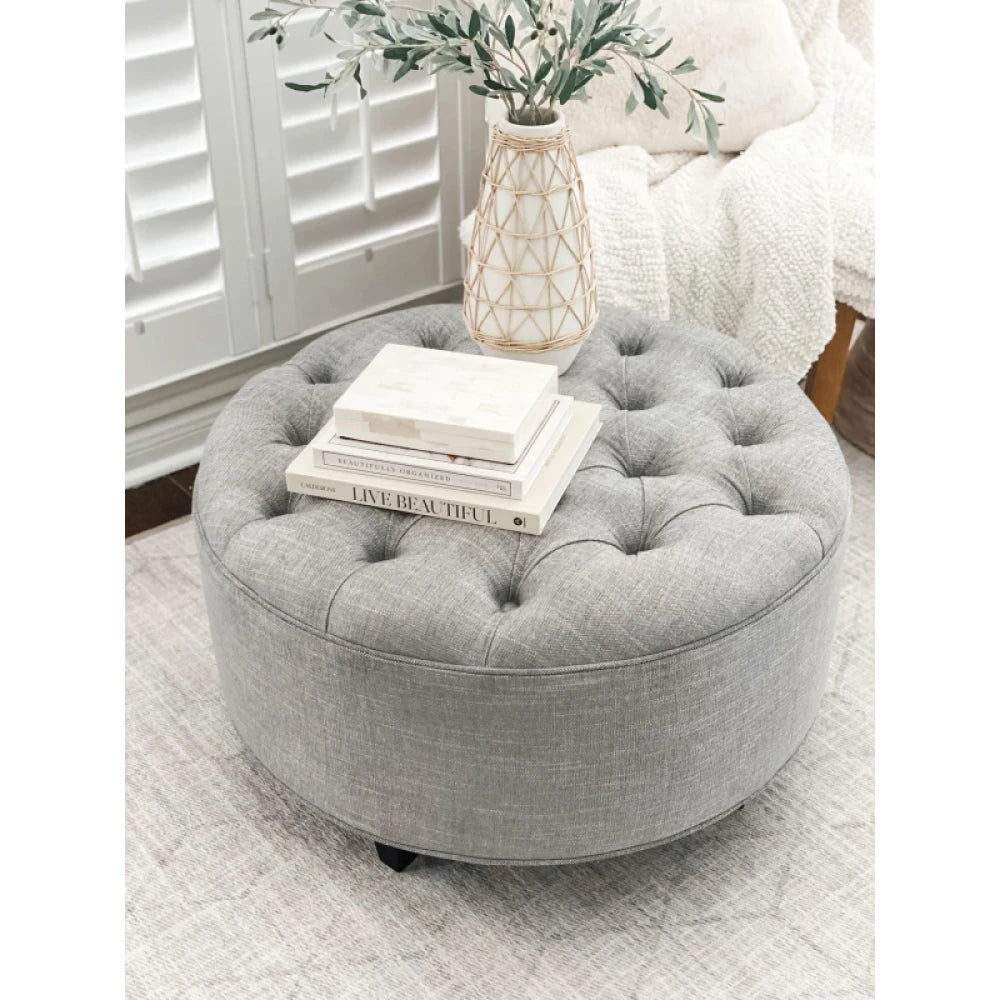 Grey Jute Round Ottoman with Diamond Tufting | P181